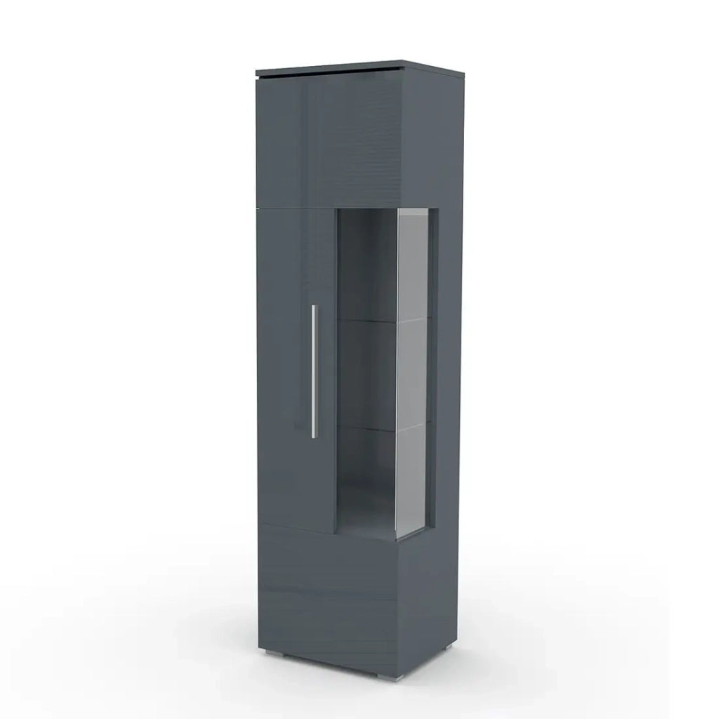 Vetrina alta design con illuminazione LED multicolore collezione BOMBAY. Colore grigio lucido. Apertura a sinistra.