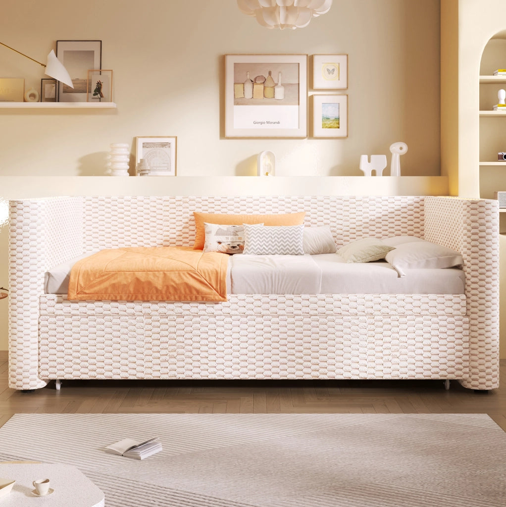 Divano letto 90x200 cm con LED e design estraibile in velluto beige