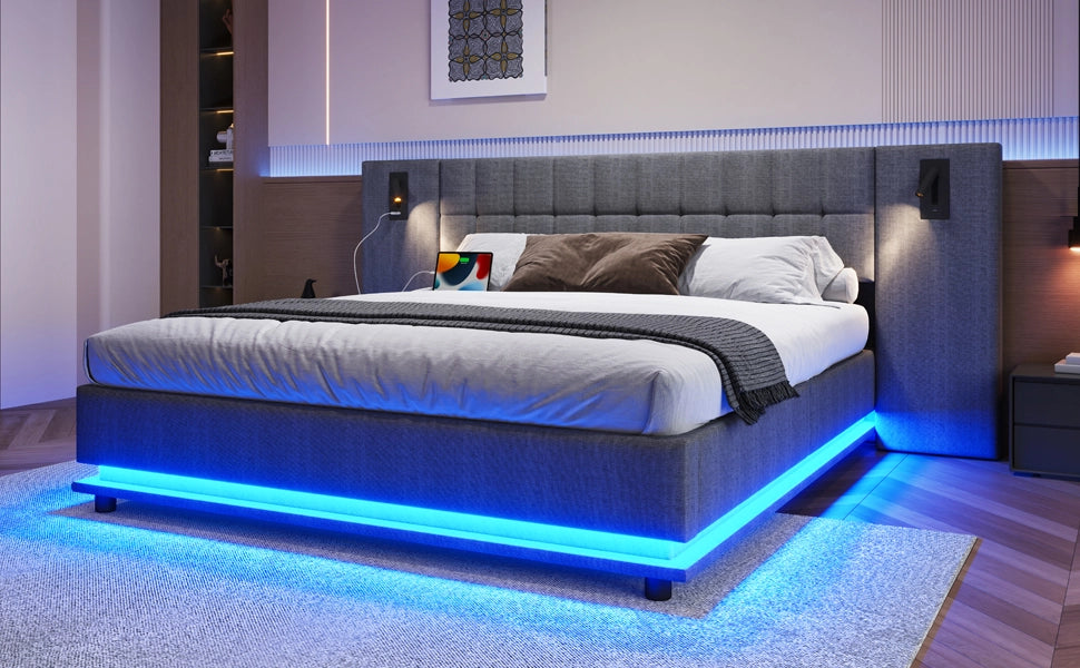 DESMIU Letto imbottito 180 × 200 cm con LED, luce da lettura e USB, senza materasso, in lino e MDF, grigio
