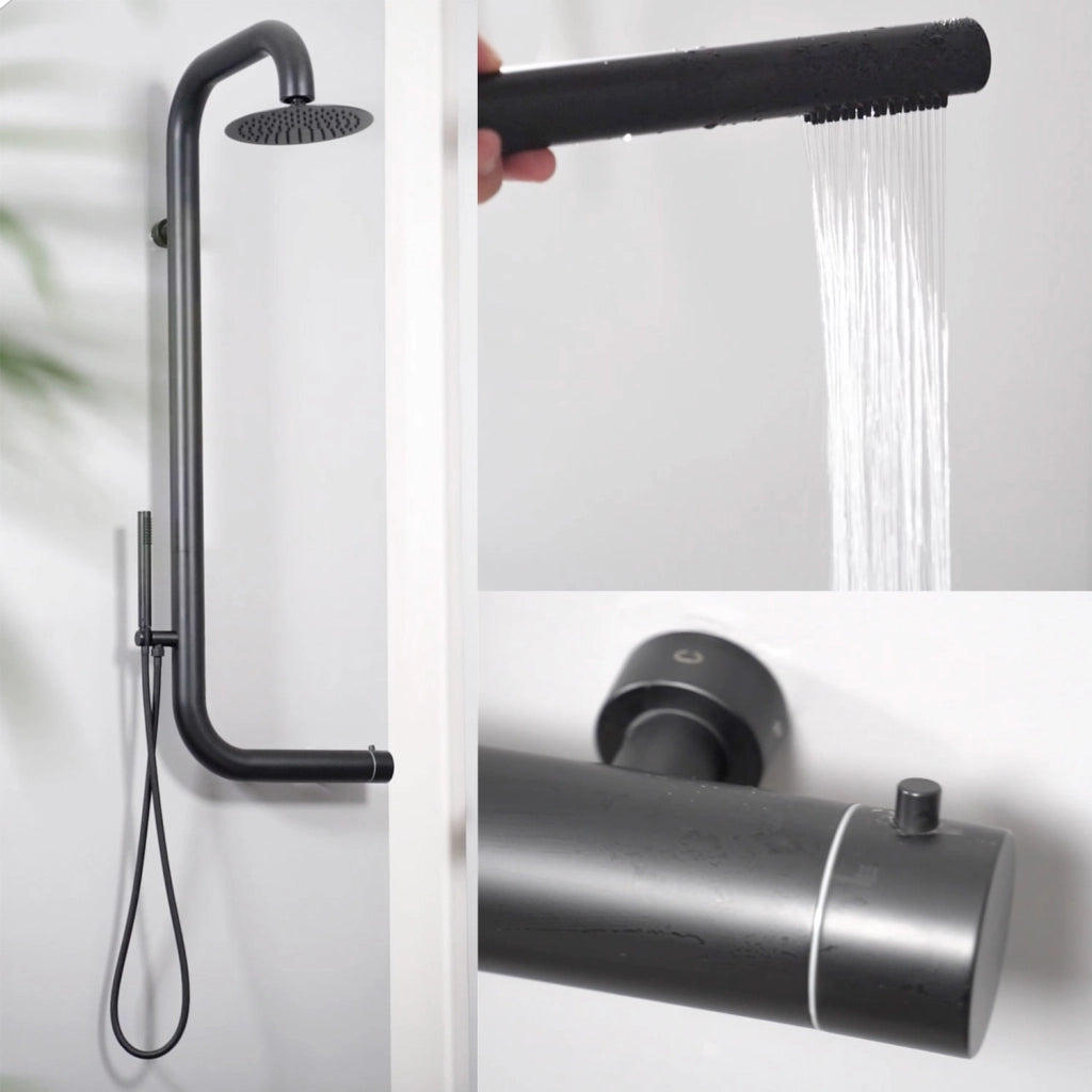 Sined Doccia Nera a Parete in Acciaio Inox AISI 316L Nautico con Miscelatore Soffione Ampio Interni o Esterni Acqua calda e fredda Per Uso Intensivo DOCCIA CABRAS NERA