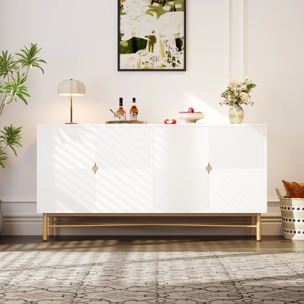 Sideboard bianco 160x40x82 cm, texture in rilievo, 4 ante, maniglie dorate spazzolate, gambe high-gloss
