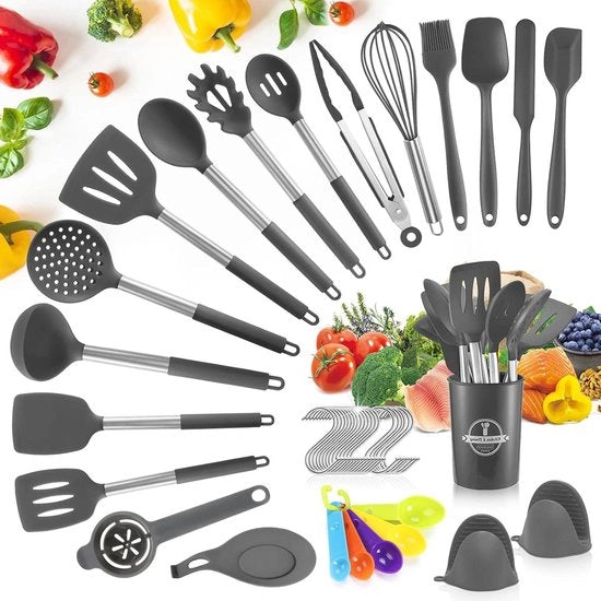 44 pezzi di set di utensili da cucina in silicone con smalto antiscivolo e supporto termoresistente - grigio scuro