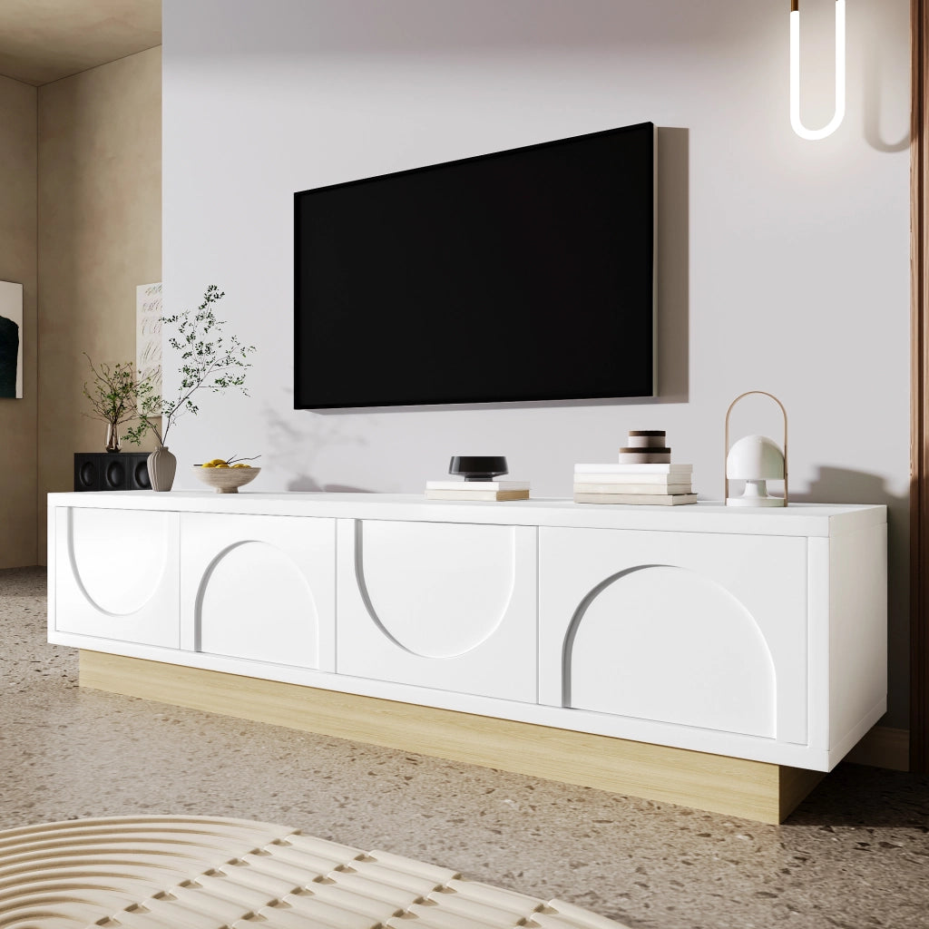 Mobile porta tv bianco con 4 ante e 2 ripiani, design curvo, per soggiorno, in MDF, 175 × 40 × 41,5 cm