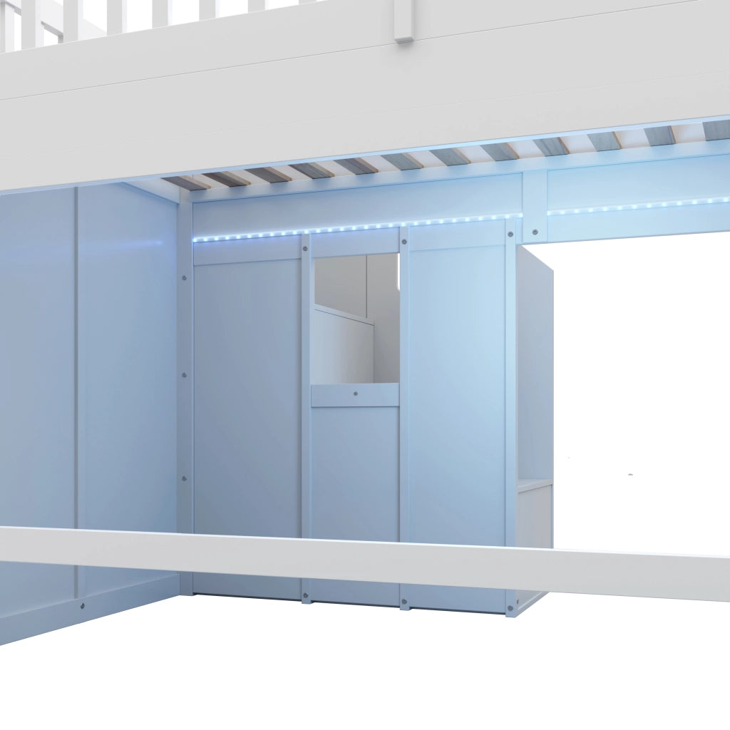 Letto a soppalco per bambini 90x200 cm in legno di pino e MDF, con scivolo, scala angolare con contenitore e LED, bianco