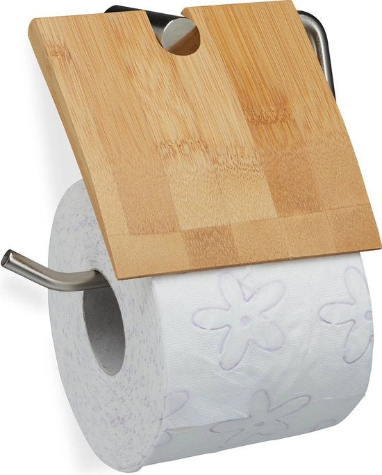 Sostegno per carta igienica in bambù e metallo - 16 x 16,5 cm - fissaggio a muro - sostegno per wc - naturale
