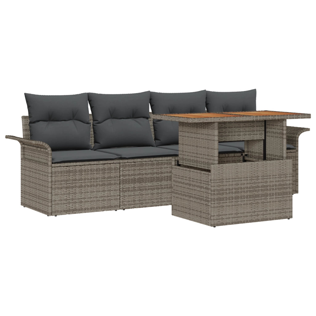 Set di Divani da Giardino 5 Pezzi con Cuscini Grigio in Polyrattan e Acacia