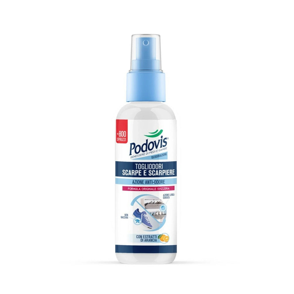 Spray Togliodori Scarpe e Scarpiere, Deodorante Scarpe Spray, Formula con Effetto Riserva, Elimina e Previene i Cattivi Odori, Non Macchia i Tessuti, 100ml, Podovis