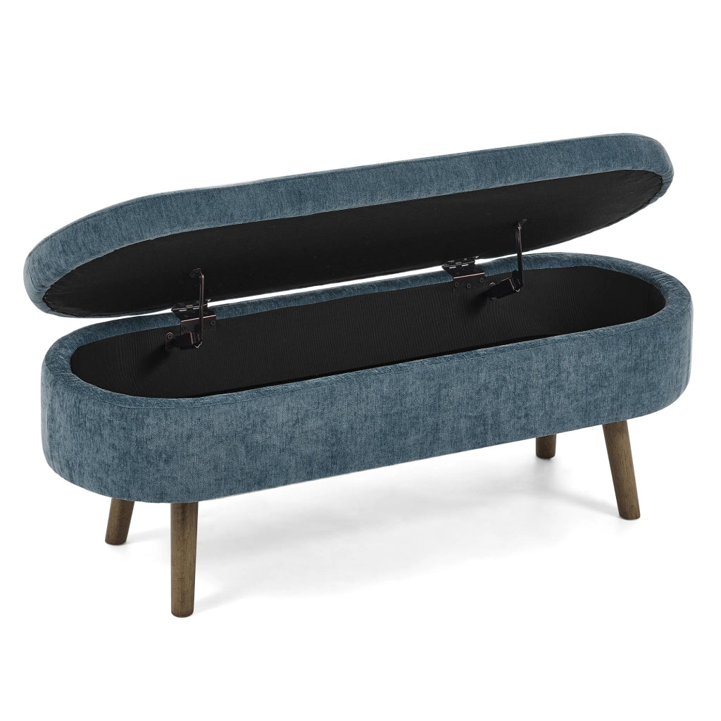 Panca contenitore in ciniglia blu 110x40x42 cm con vano 20L e coperchio idraulico