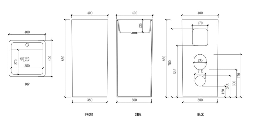 Lavabo freestanding quadro in ceramica con foro rubinetto -  Bianco