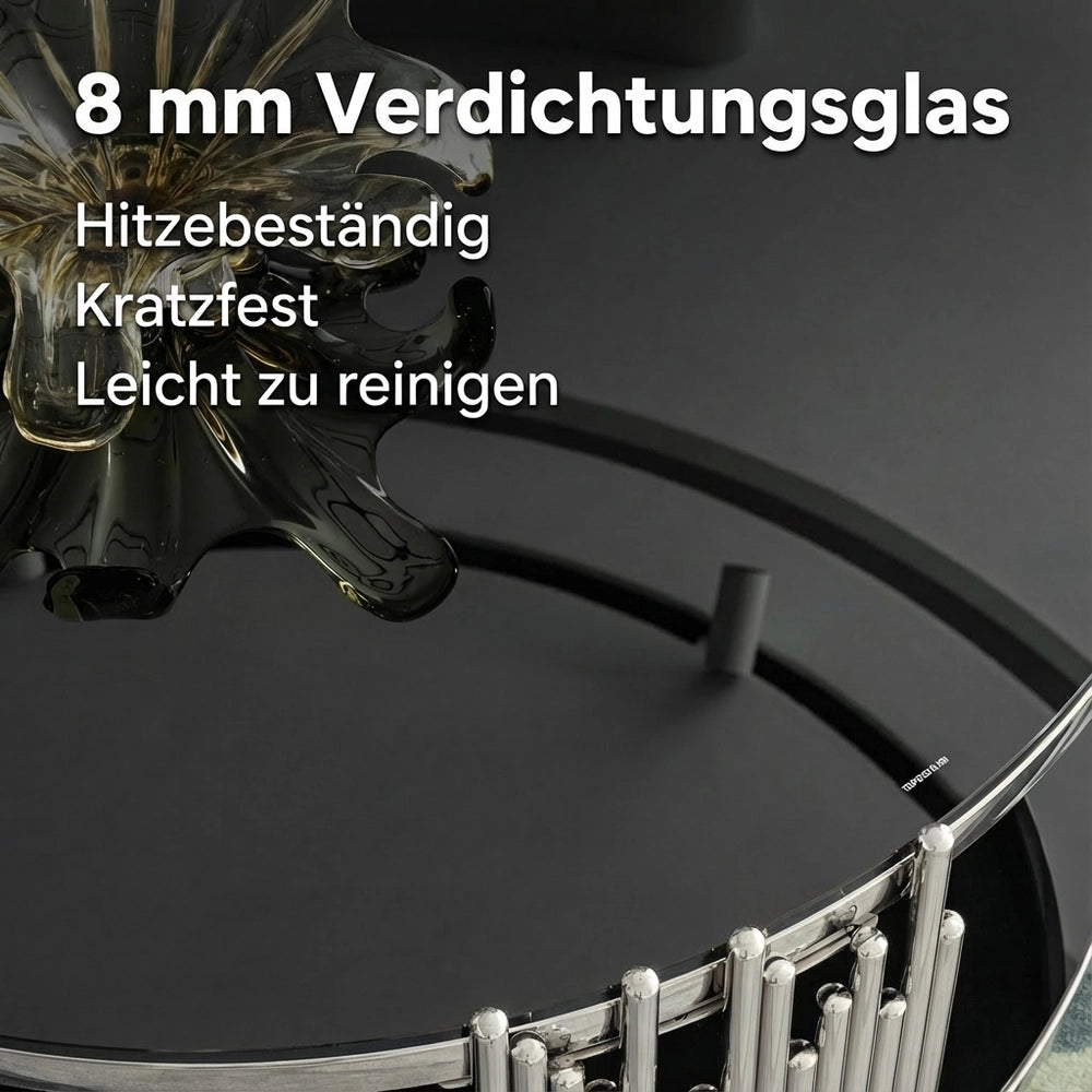 Tavolino da Caff¨¨ Rotondo in Vetro ¨C MINIMAL ¨C Nero, Piano Doppio, Base Acciaio, ?80 cm