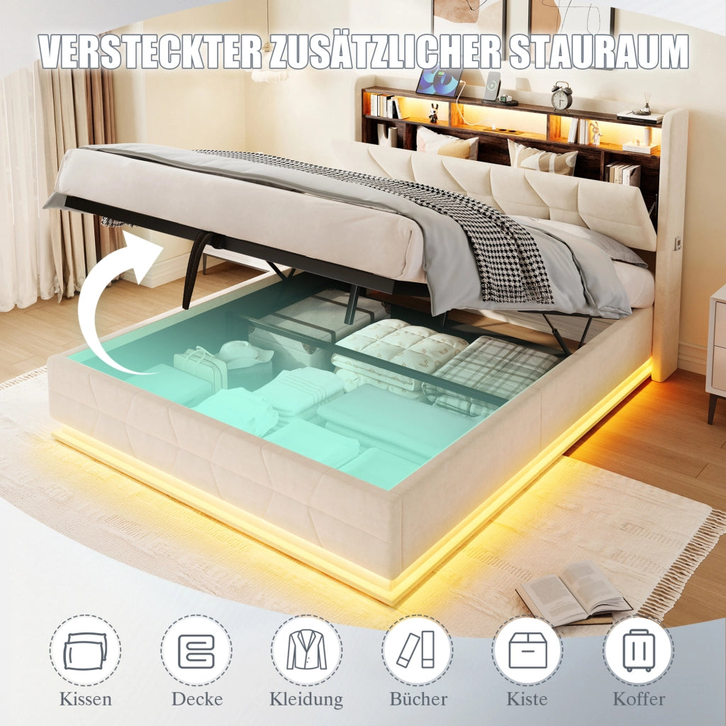Letto matrimoniale 140x200 cm in velluto beige con LED; contenitore nella testiera e presa USB Type-C