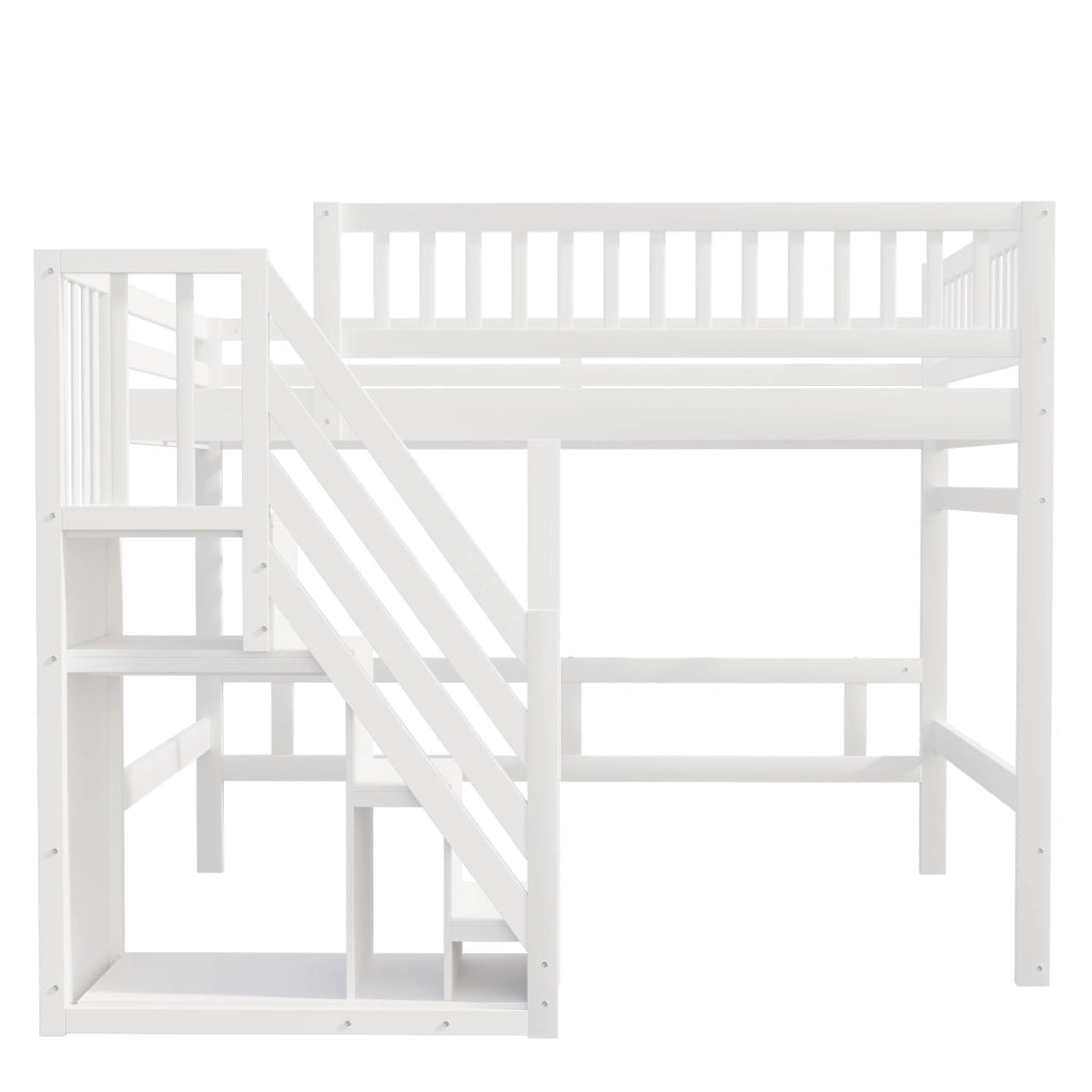 Letto a castello in legno bianco con scala a scomparti e parapetto alto 140x200 cm