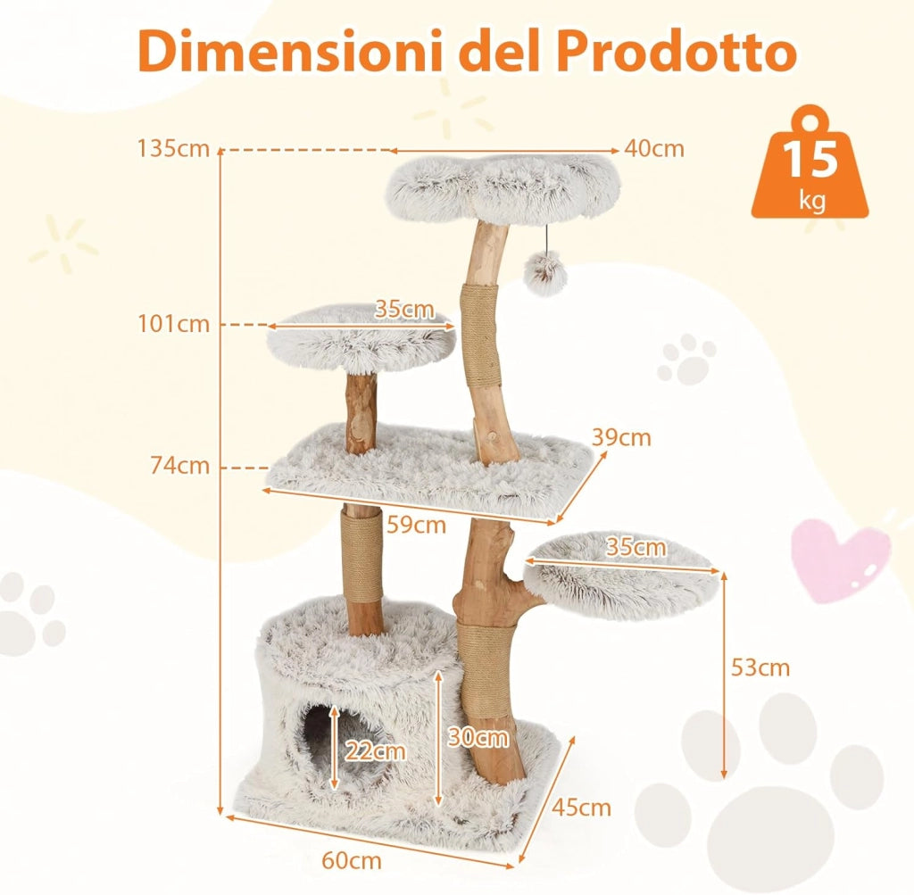 Tiragraffi per Gatto Alto 135 cm, Albero Tiragraffi in Legno di Pero Naturale con Grotta e 6 Piani, Torre per Gatti Imbottito in Peluche con Corde Juta e Pompon, Bianco