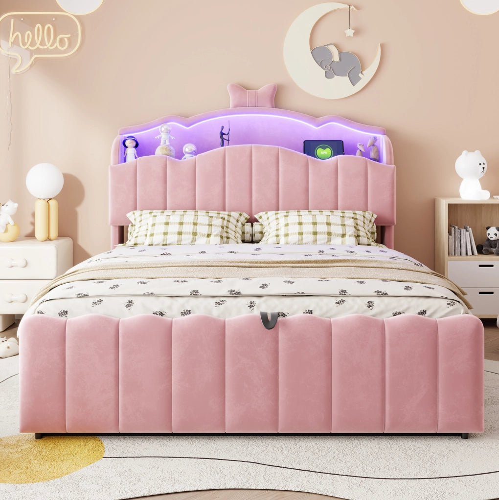 Letto per bambini 140x200 cm con contenitore idraulico; LED RGB; USB e USB-C; rosa