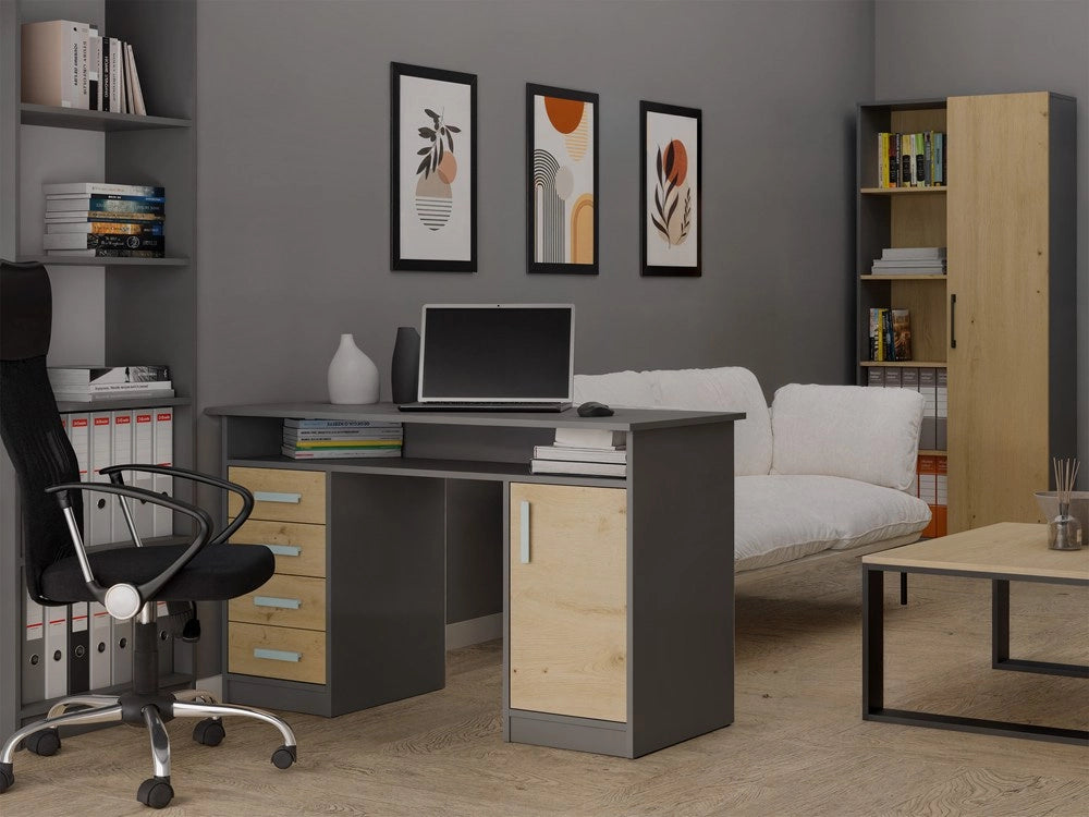 Scrivania ADA antracite rovere artisan 125 cm 4 cassetti mobile con ripiani per ufficio camera e laptop