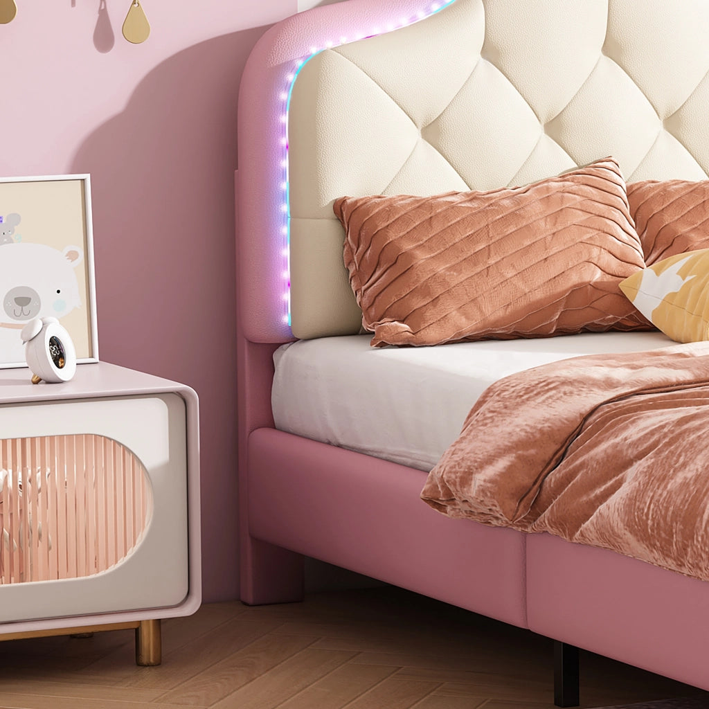 DESMIU Letto singolo 1 posto con LED multicolore e testiera ondulata, 90 × 200 cm, senza materasso, PU rosa e bianco