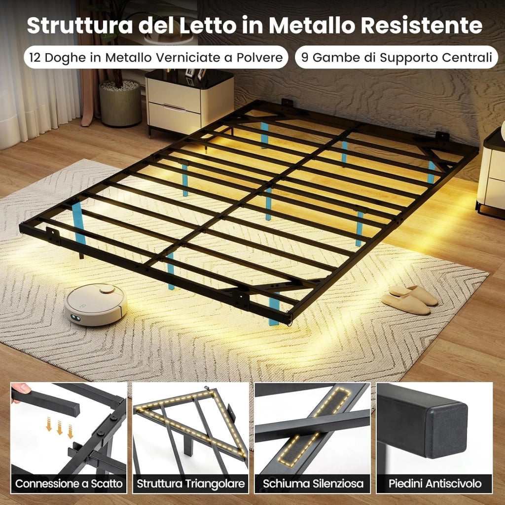 Telaio Letto Galleggiante, Letto Matrimoniale 140 x 200 cm in Metallo con Luci LED Fissaggio per Materasso, Doghe Resistenti a Carico Pesante, Carico 400 kg