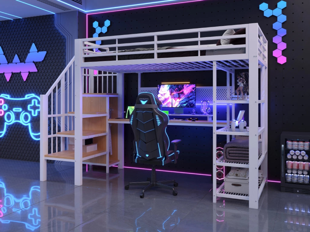 Letto a soppalco singolo 90 × 200 cm con scale contenitore, LED, prese elettriche e ripiani, senza materasso