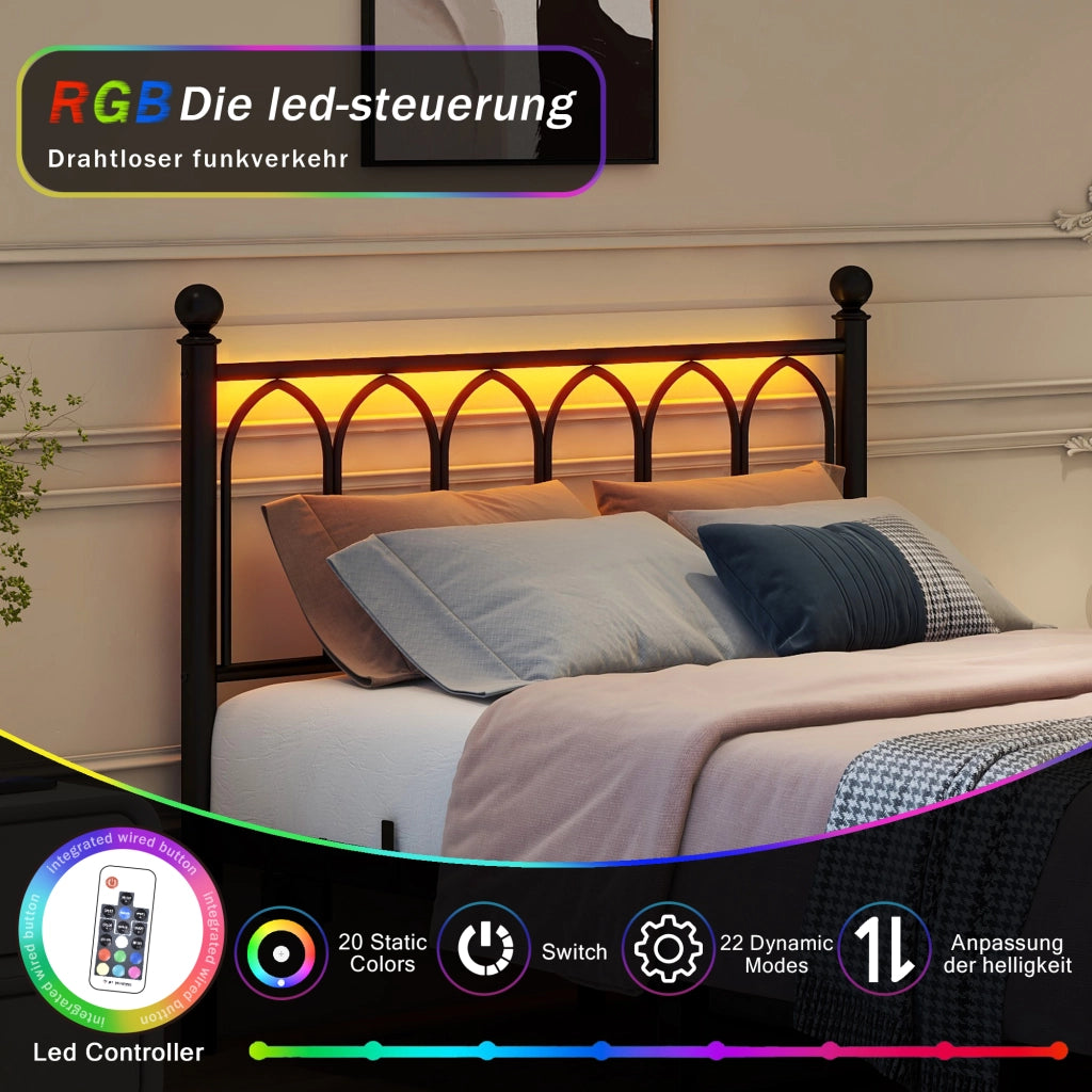 Letto singolo 120 × 200 cm con testiera e pediera alte, LED, 2 USB et presa, senza materasso, nero