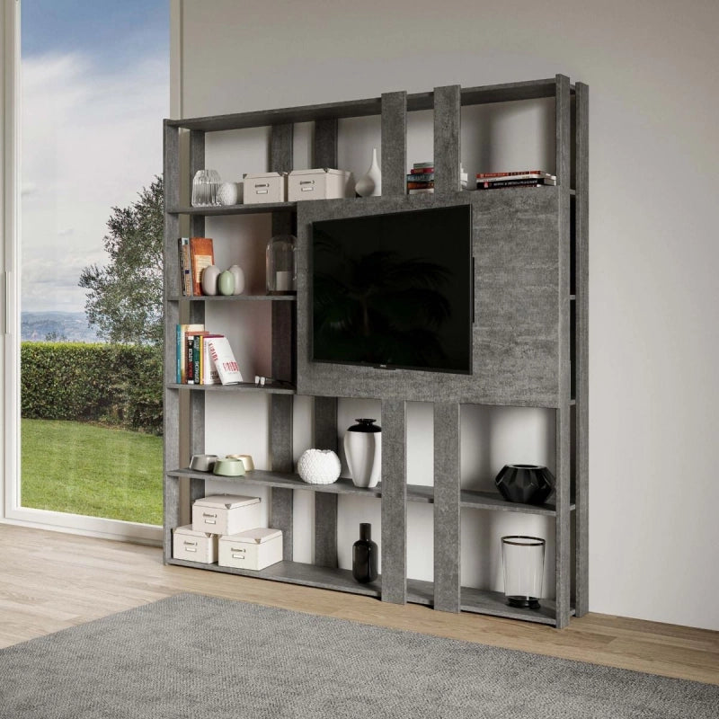 Composizione Libreria Kato 6R 2 fianchi 2 fasce lunghe 2 fasce corte 2 fasce medie pannello TV - Cemento,N