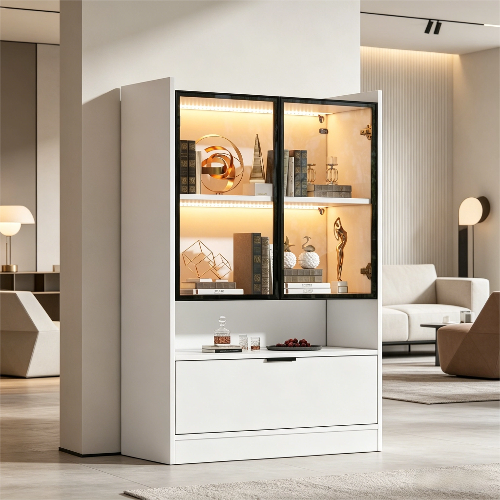 Vetrina con LED e ante in vetro, vano ribaltabile, per soggiorno, in truciolare e vetro, bianco 120 × 80 × 35 cm