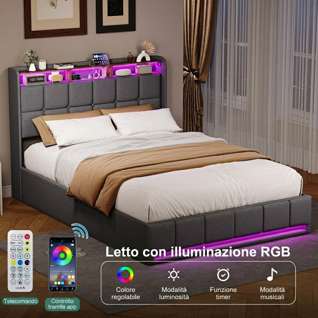 Letto una piazza e mezza 140x200 cm con contenitore LED USB testiera con mensola rete a doghe in lino - grigio