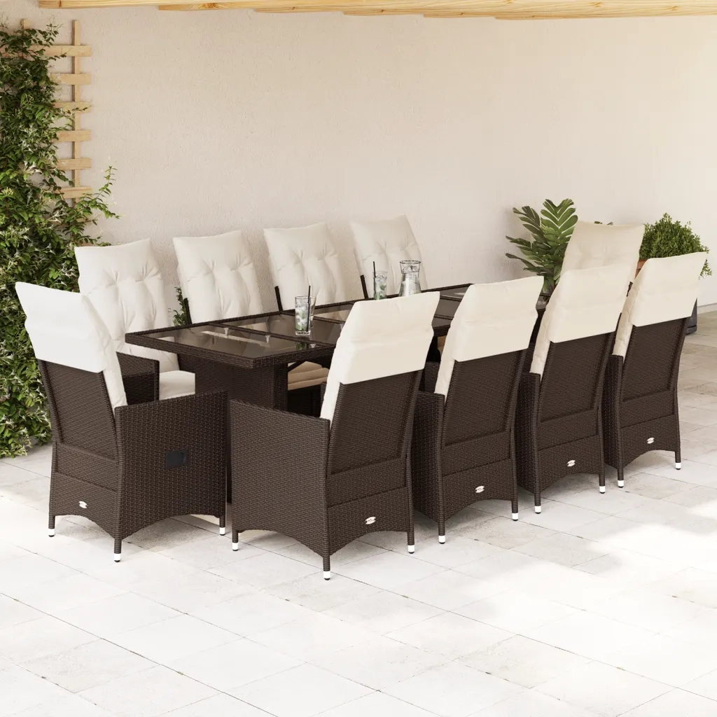 Set Bistrò da Giardino 11 pz con Cuscini in Polyrattan Marrone 3277264
