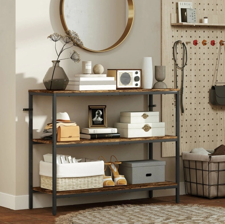 Tavolo consolle industriale 3 ripiani marrone rustico 101×35×80 cm