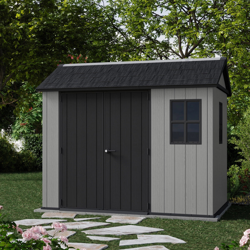 Newton + 759/975 - Casetta da Giardino 287x246x230 cm 2 Ante per deposito attrezzi finitura effetto legno Evotech+ in Resina Grigio e Nero
