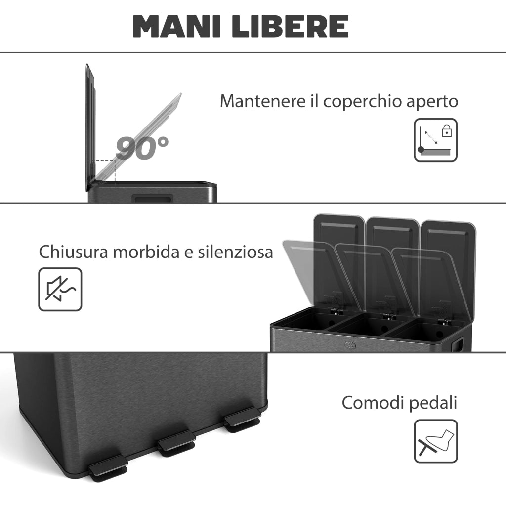Pattumiera a 3 Sezioni da 20L 61,9x36,6x56,7 cm con Coperchio Silenzioso in Acciaio Inox e PP Nero