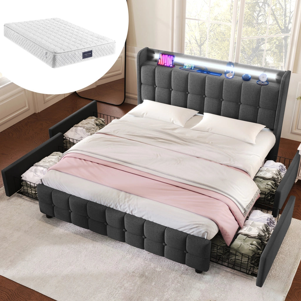 LETTO Contenitore 160x200 cm Grigio con materasso incluso, LED e 4 cassetti