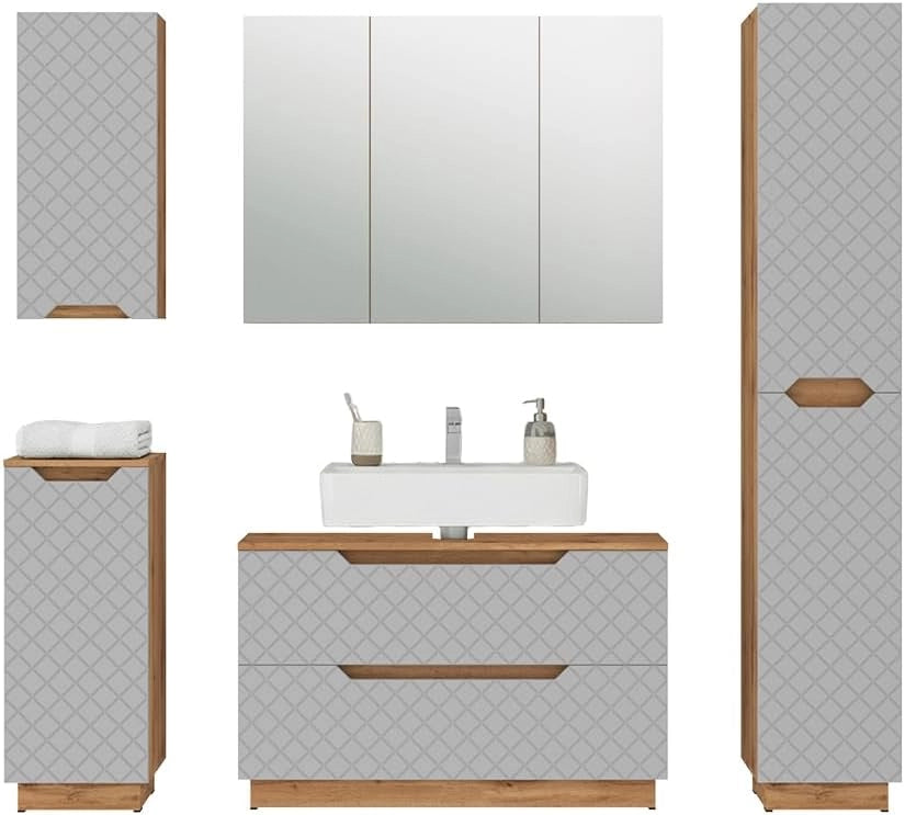 Set di mobili da bagno Lotta, Rovere/grigio con struttura in piastrelle, 5 parti
