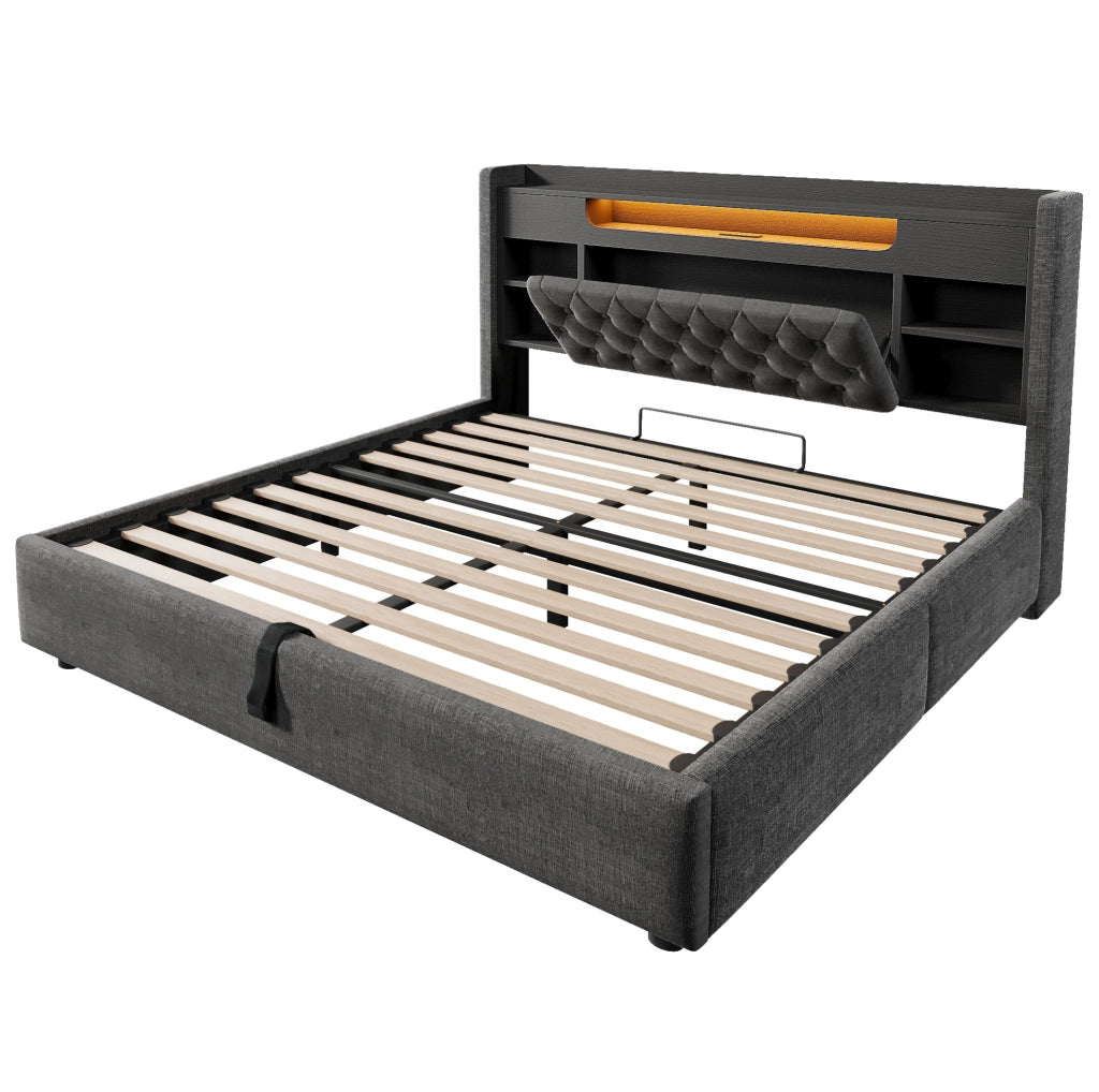 Letto imbottito ULEVR 140x190 cm con contenitore idraulico, LED, USB e USB-C, testiera con ripiani grigio