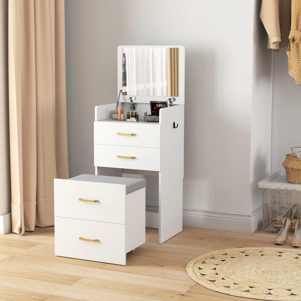 Tavolino trucco 3 in 1 con specchio, cassettiera e sgabello ¨C zephmum ¨C bianco