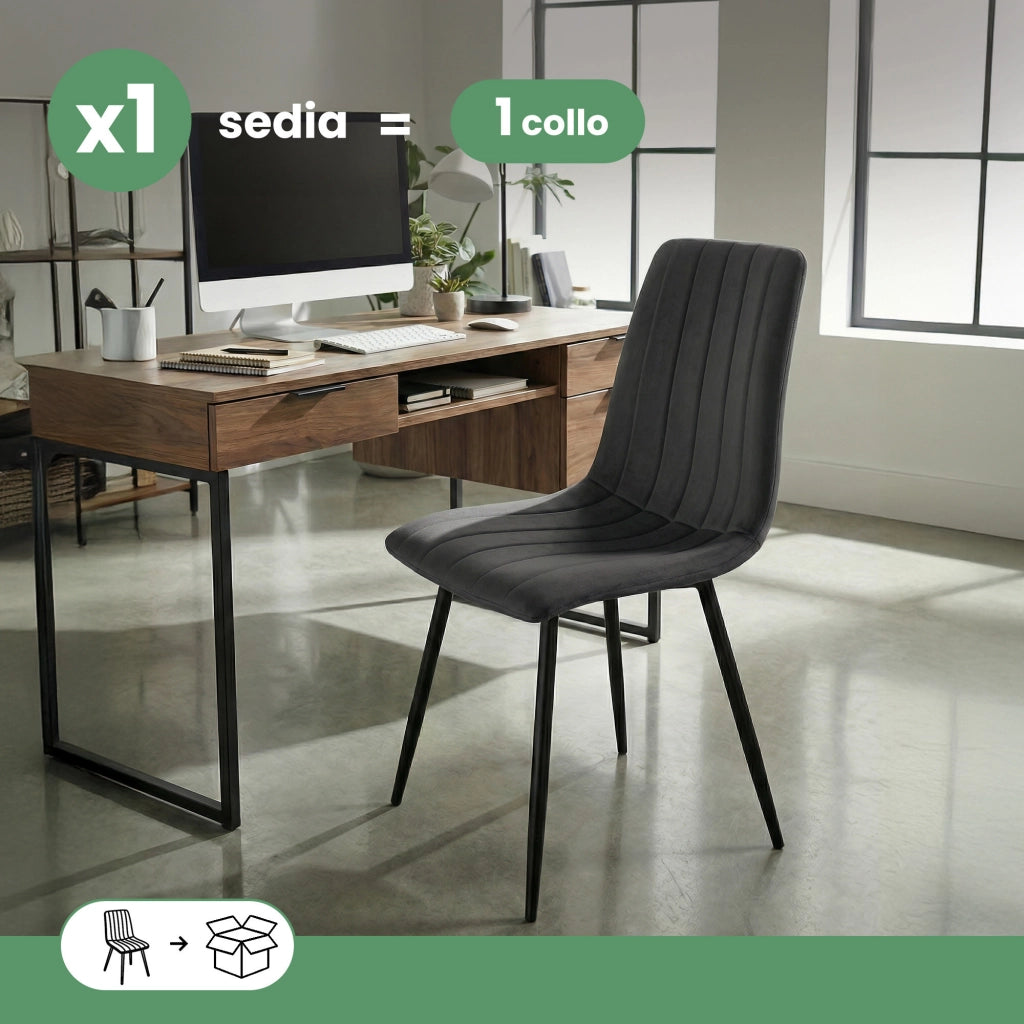 Sedia in velluto trapuntata LIVO Grafite Scuro gambe nere