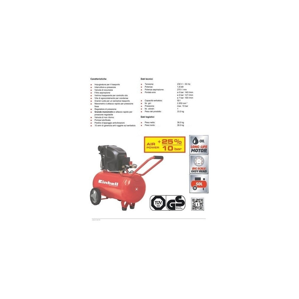 Trade Shop - Compressore Aria 50 Lt Einhell Te-ac 270/50/10 Expert Motore 2.5 Hp 270 Lt/min. -