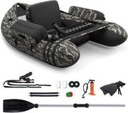 Belly Boat da Pesca Portatile, Gommone Gonfiabile da Pesca con Porta Canne Regolabile, Pompa, Pagaia in Alluminio, Spallacci e Kit di Riparazione, Barca da Mare con 2 Pinne, capacità 160kg