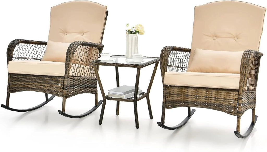 Set di Sedie a Dondolo in Rattan per Balcone, 3 Pezzi Mobili da Giardino con 1 Tavolino e 2 Sedie a Dondolo, Marrone Chiaro