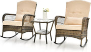 Set di Sedie a Dondolo in Rattan per Balcone, 3 Pezzi Mobili da Giardino con 1 Tavolino e 2 Sedie a Dondolo, Marrone Chiaro