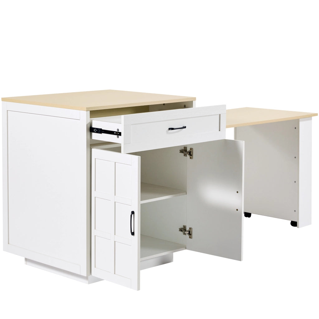 Tavolo bar allungabile con contenitore 133-202x70x93,5 cm, in MDF bianco, con cassetto e vani aperti