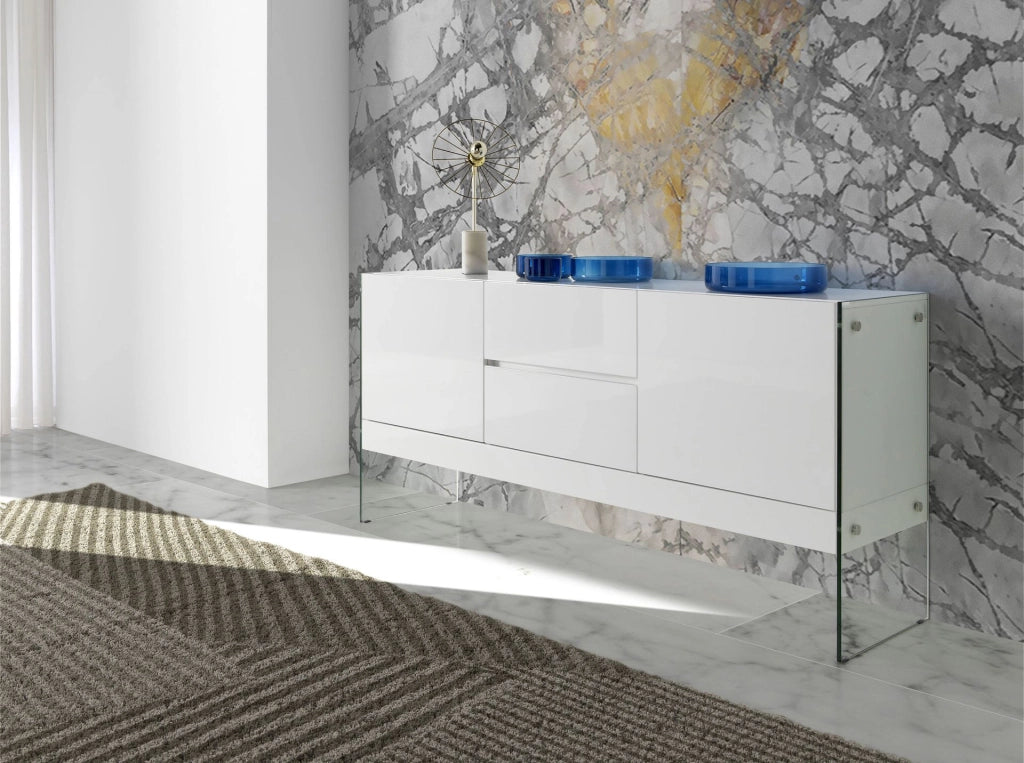 Credenza in legno bianco e vetro temperato