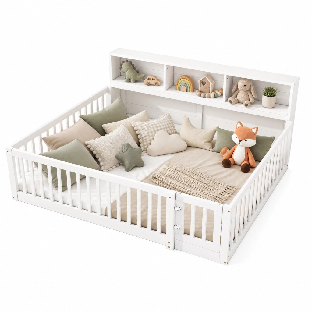 Daybed 140x200 cm con sponda di sicurezza, ripiani laterali e rete a doghe, bianco