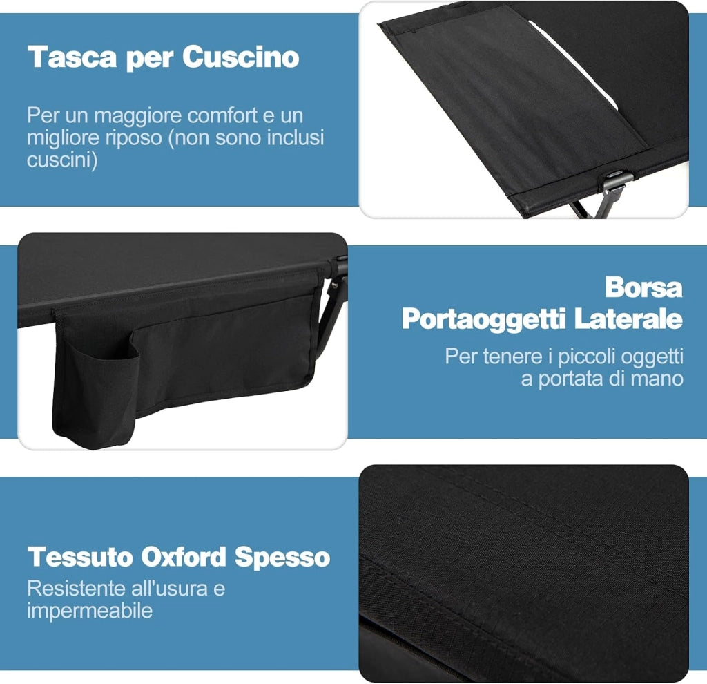 Brandina da Campeggio, Letto Pieghevole e Portatile con Tasca Laterale e Borsa da Trasporto, Lettino con Struttura in Metallo per Viaggio e Spiaggia, Portata 150 kg