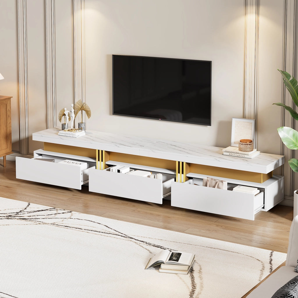 Mobile porta TV moderno con piano in effetto marmo, tre cassetti e passacavi, bianco, 200 × 40 × 42 cm