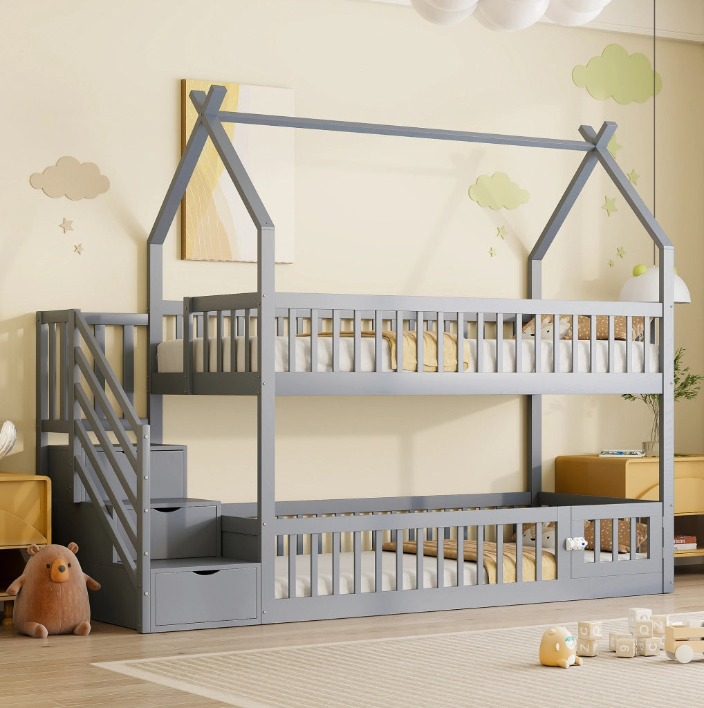 Letto a castello per bambini 90x200 cm con tetto grigio