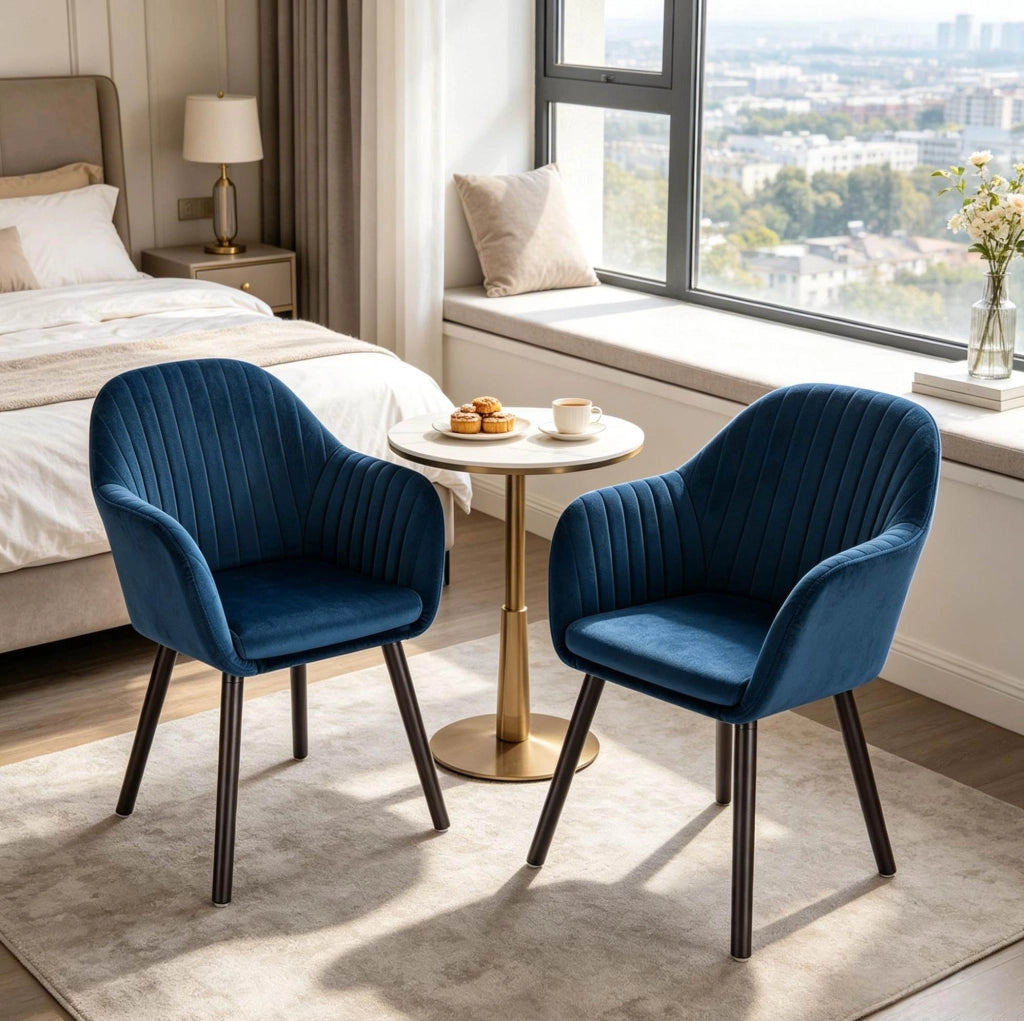 Sedia da pranzo in velluto blu 42x50x81 cm, set da 2, con braccioli