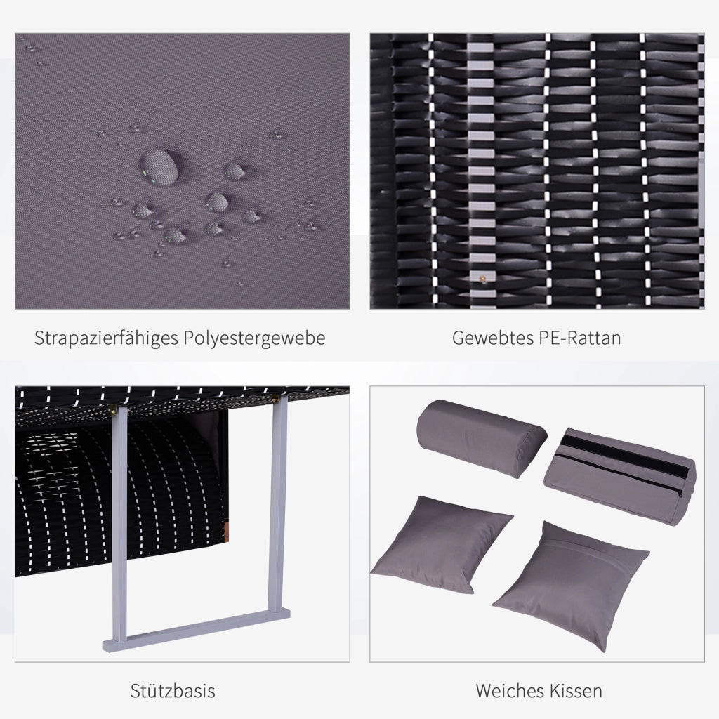 Doppia sdraio da giardino in rattan PE con tetto protettivo e porta bicchieri integrato colore grigio design moderno compatto e resistente