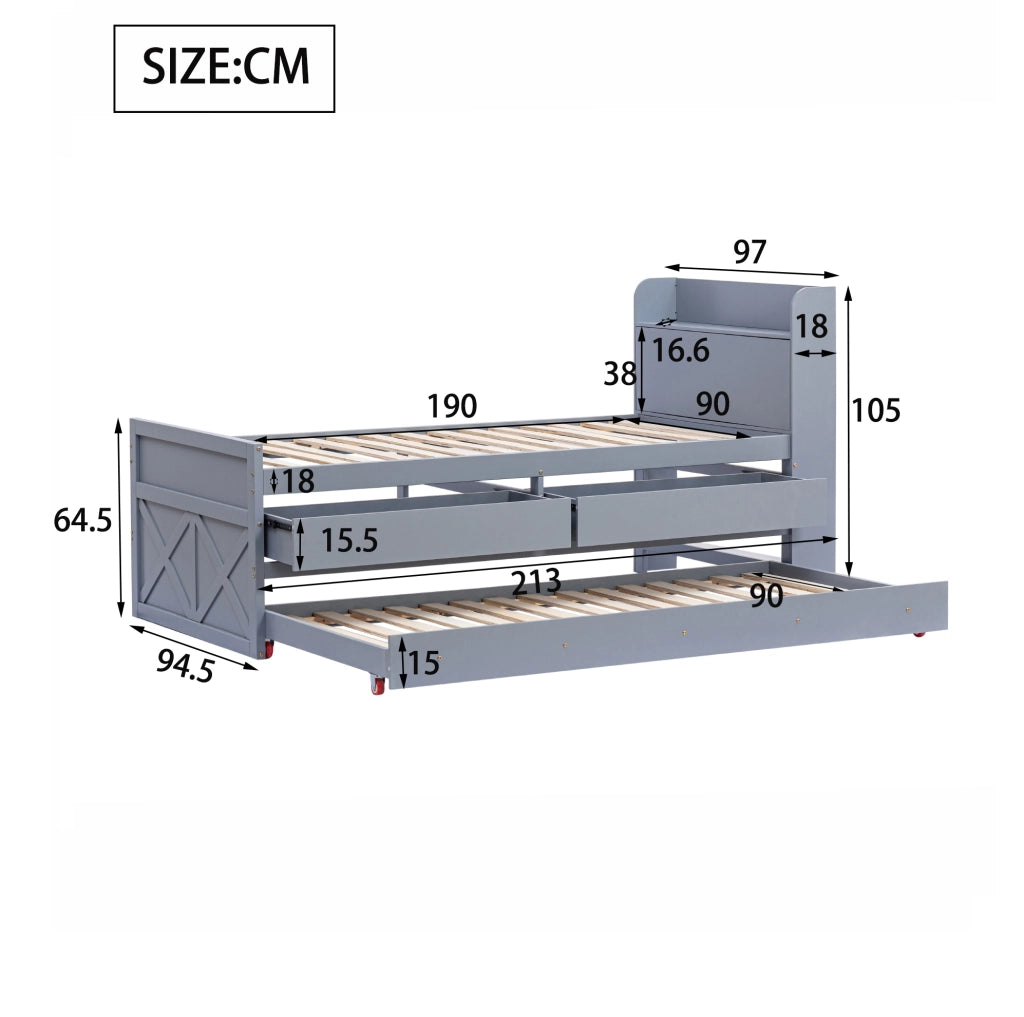 Letto in legno multifunzionale 90x190 con contenitore, cassetti e USB