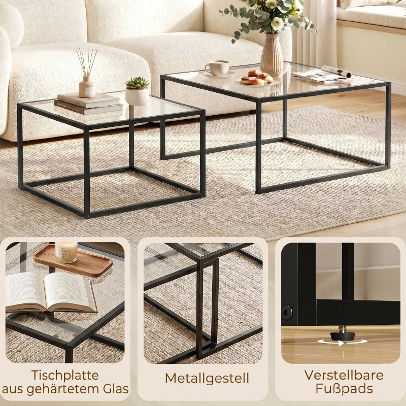 Tavolo da pranzo - set 2 tavolini rotondi - piano in vetro temperato - struttura metallica - nero - per soggiorno