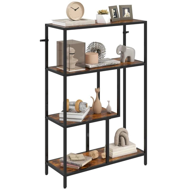 MOBILE LIBRERIA A 4 RIPIANI STILE INDUSTRIALE IN LEGNO E METALLO, 77X30X116 CM, MARRONE RUSTICO